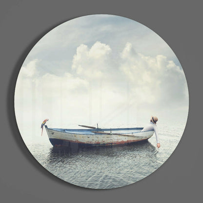 Circular Dreamy Sea Boat Scene Glass Wall Art