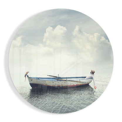 Circular Dreamy Sea Boat Scene Glass Wall Art