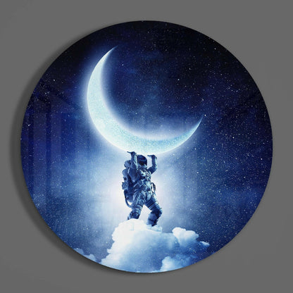 Round Crescent Moon Astronaut Glass Wall Art