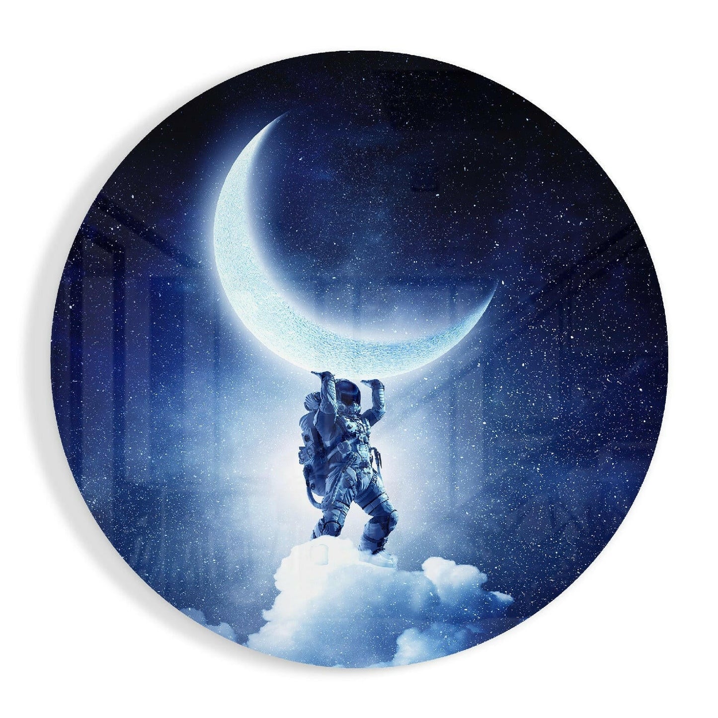 Round Crescent Moon Astronaut Glass Wall Art