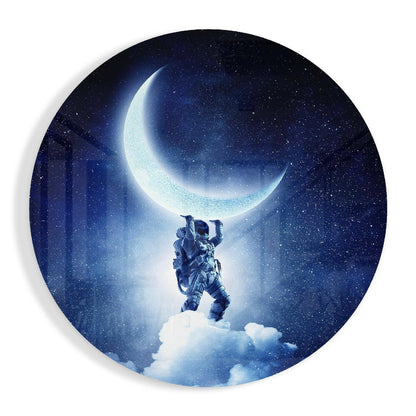 Round Crescent Moon Astronaut Glass Wall Art