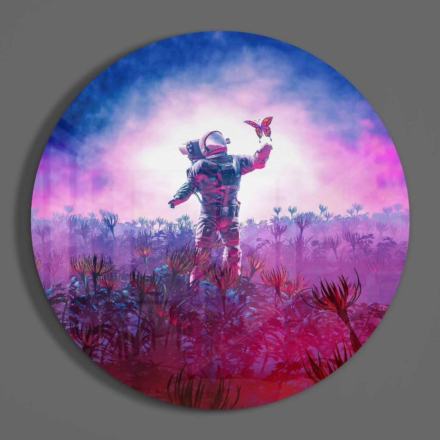 Round Magenta Bloom Field Astronaut Glass Wall Art