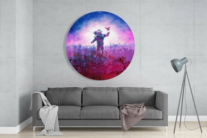 Round Magenta Bloom Field Astronaut Glass Wall Art