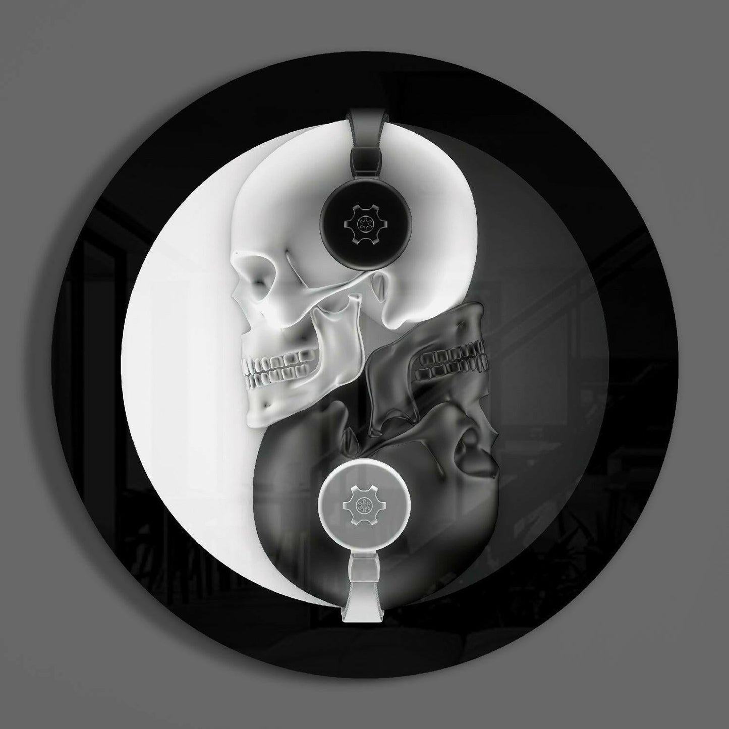 Round Monochrome Skull Headphones Glass Wall Art