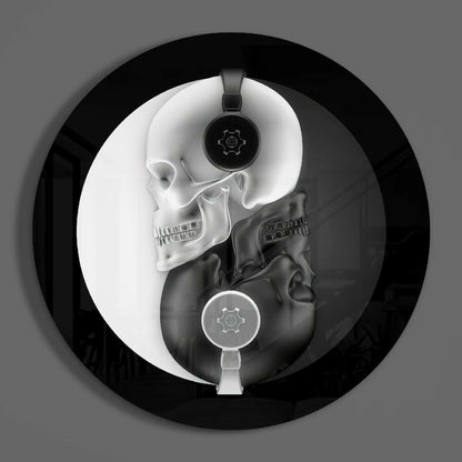 Round Monochrome Skull Headphones Glass Wall Art