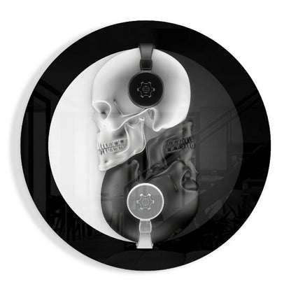 Round Monochrome Skull Headphones Glass Wall Art