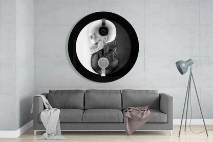 Round Monochrome Skull Headphones Glass Wall Art