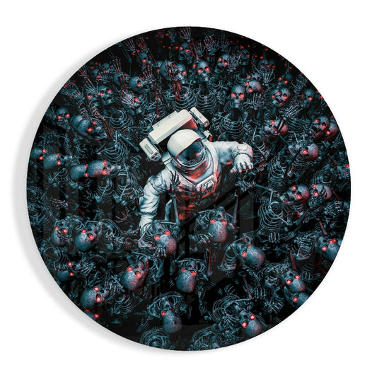 Overhead view of circular glass wall art featuring an astronaut in white suit surrounded by skeletal mechanical figures with glowing red cores against dark blue-black background.