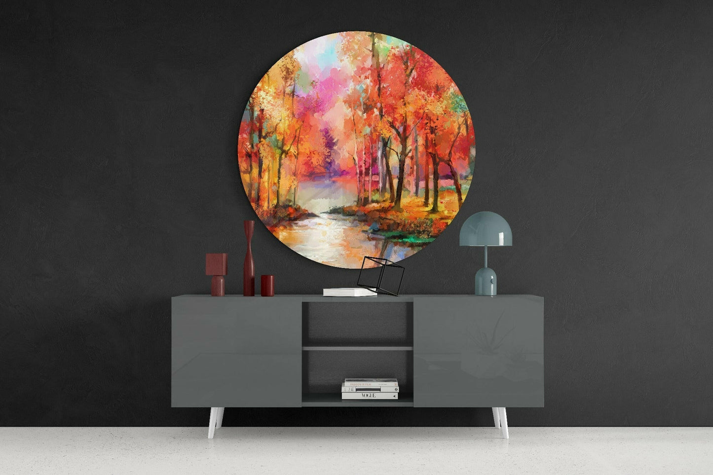 Fiery Fall Trees Riverside Glass Wall Art
