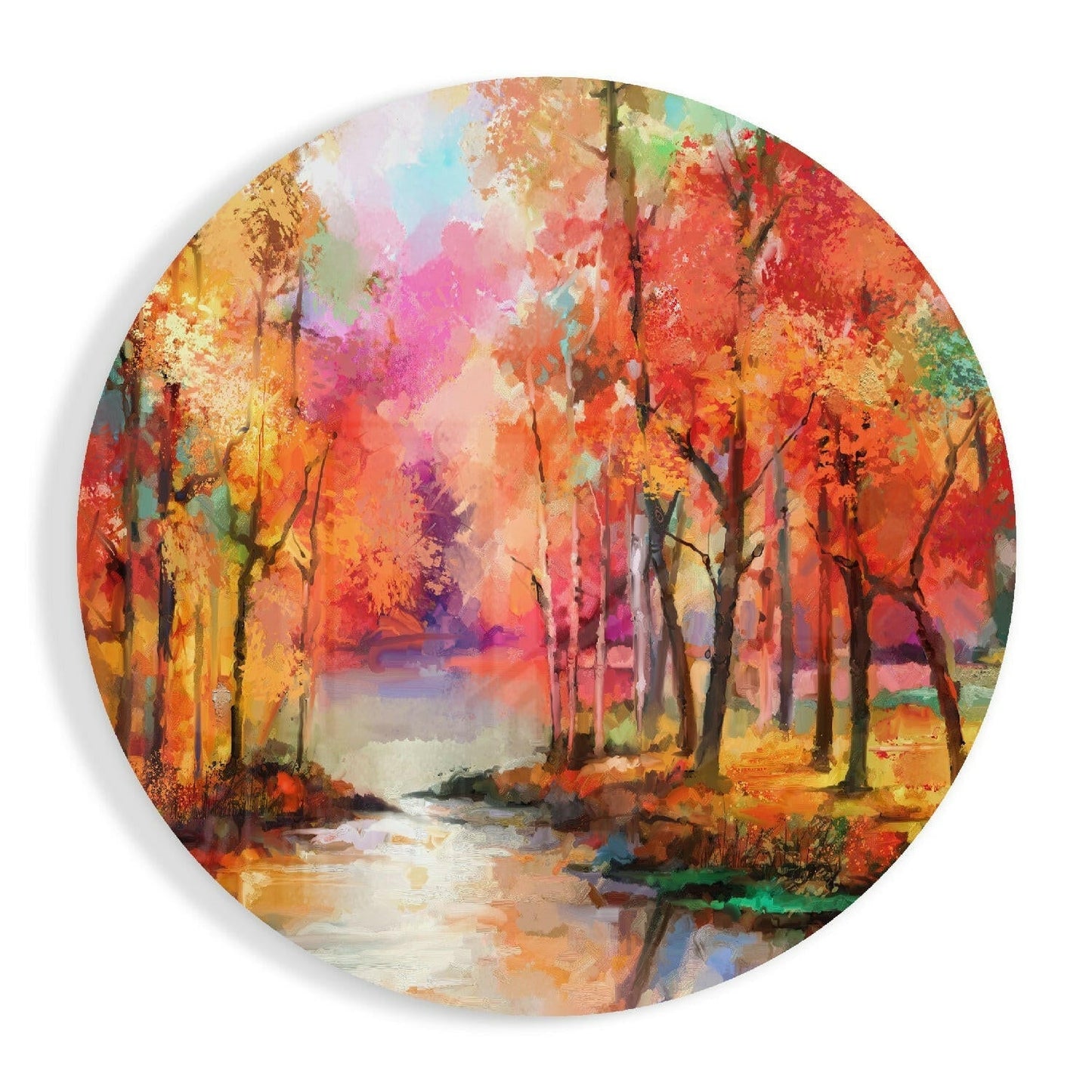 Fiery Fall Trees Riverside Glass Wall Art