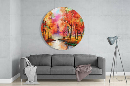 Fiery Fall Trees Riverside Glass Wall Art