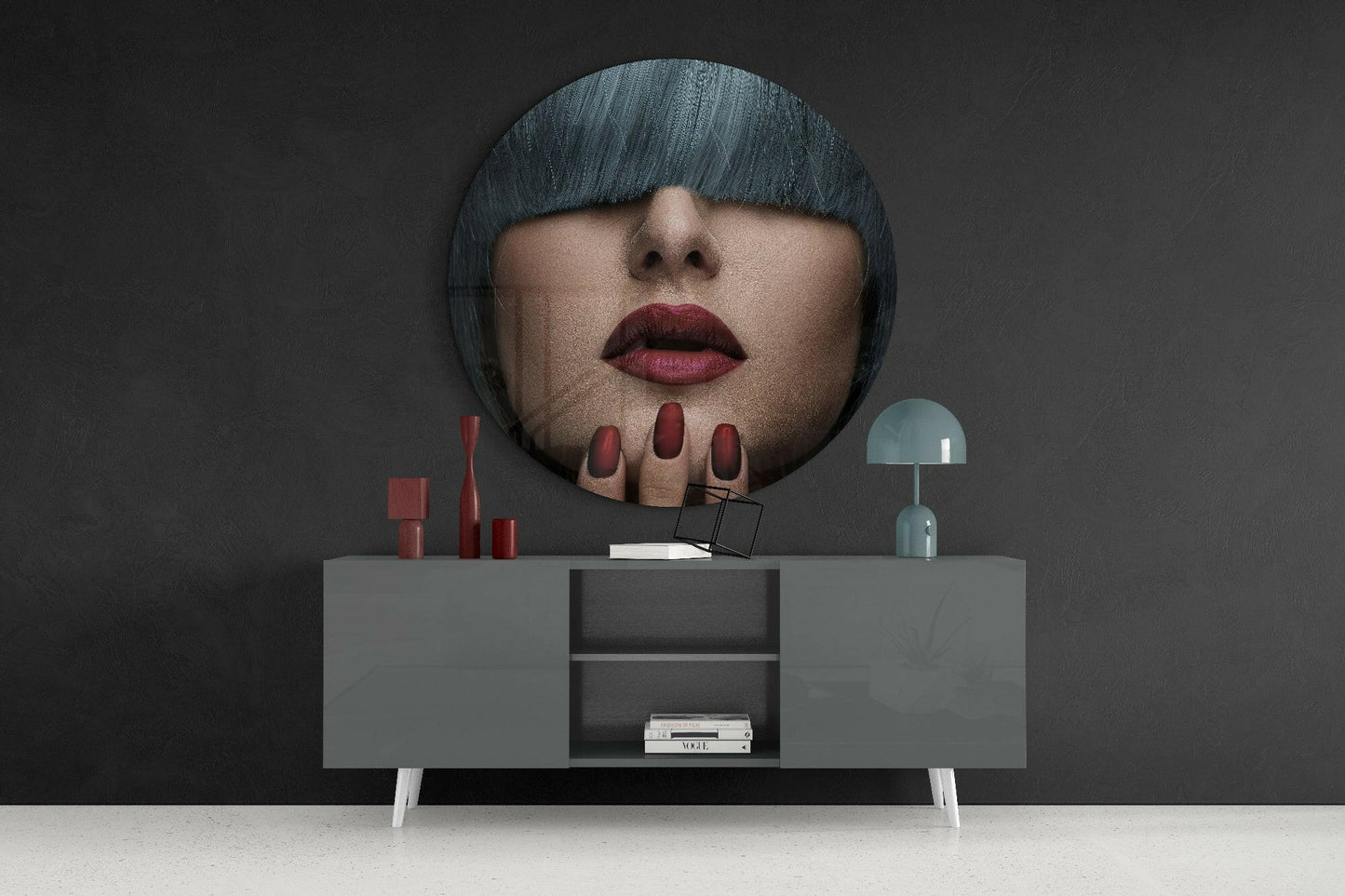 Dark Fringe Crimson Nails Portrait Glass Wall Art