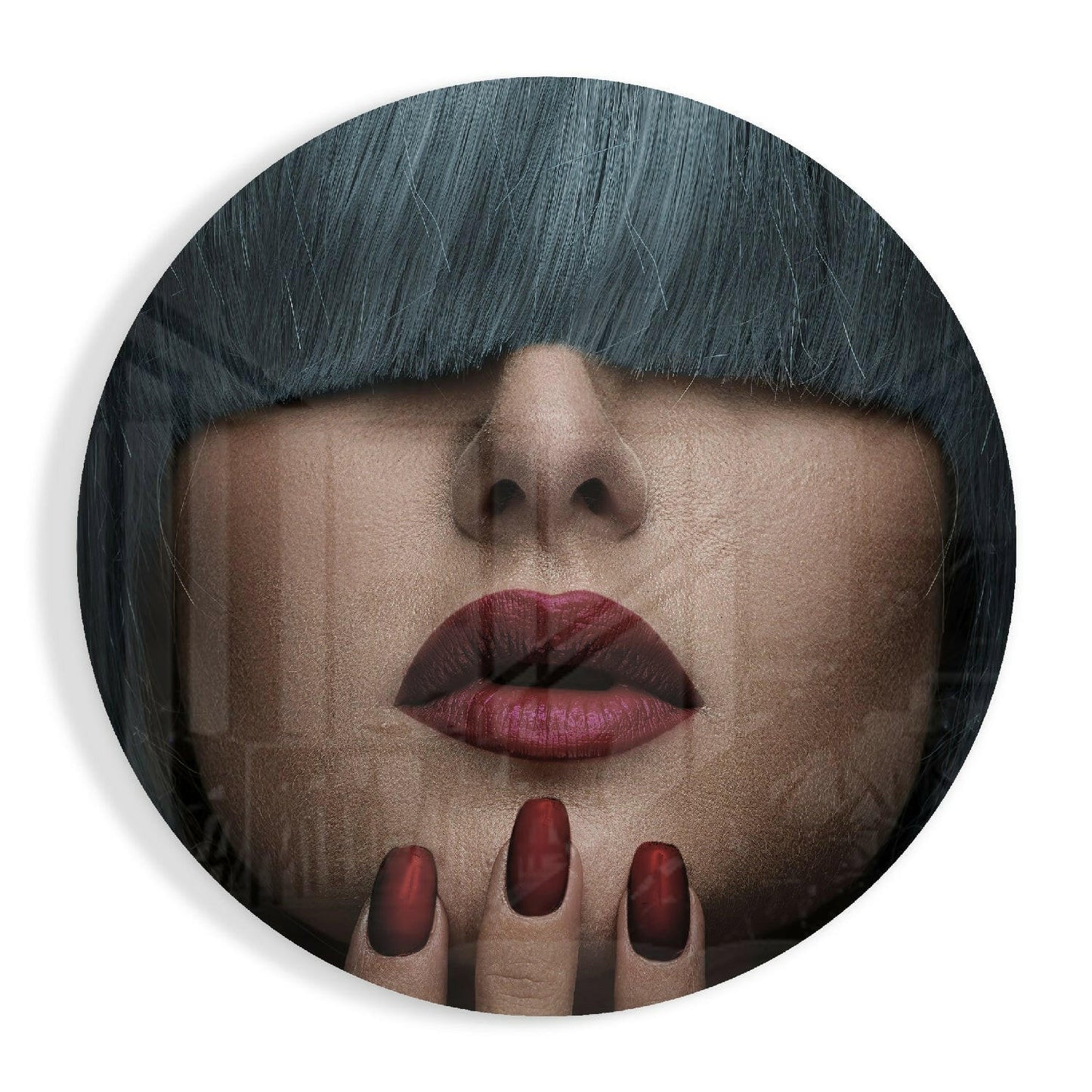 Dark Fringe Crimson Nails Portrait Glass Wall Art