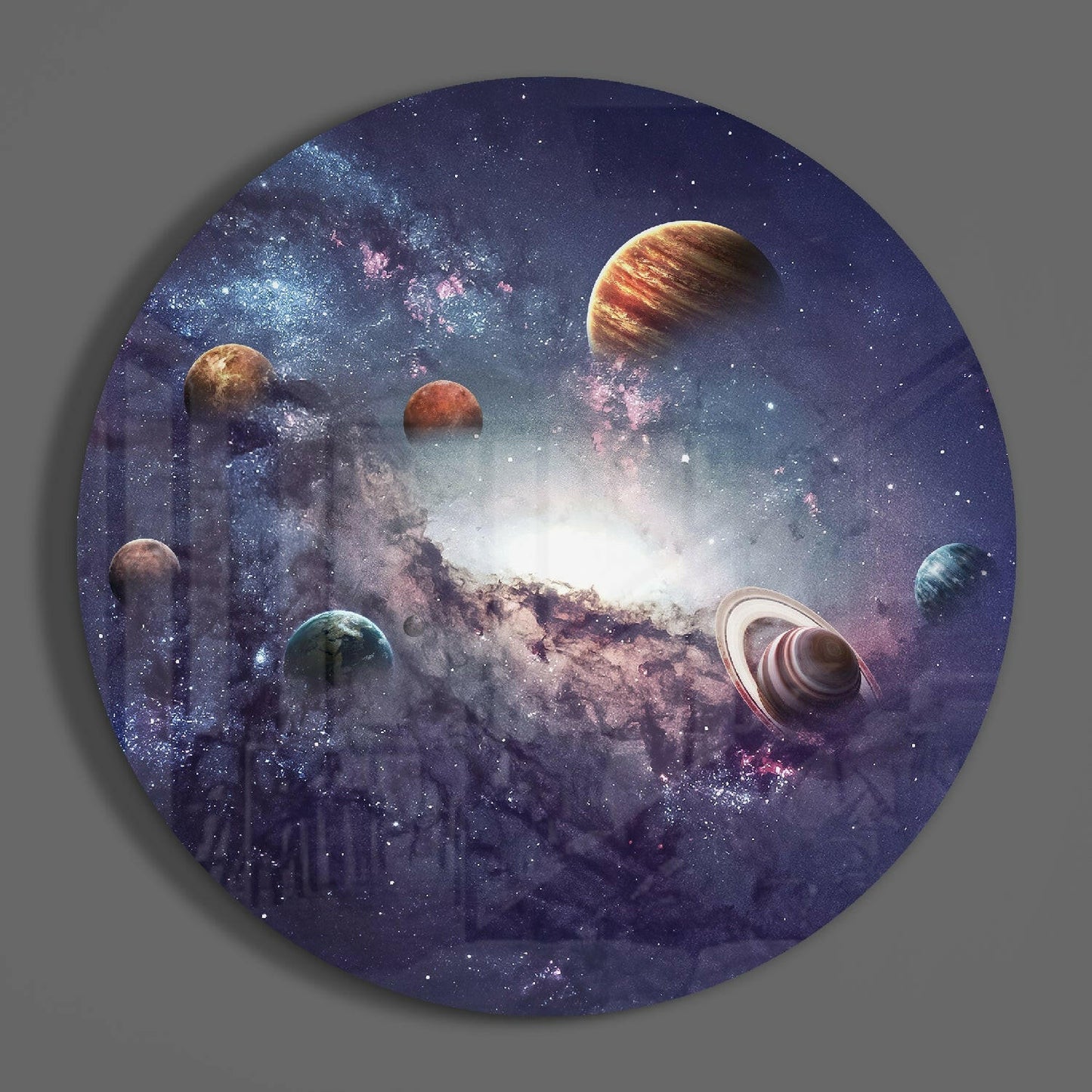 Round Solar System Planets Nebula Glass Wall Art