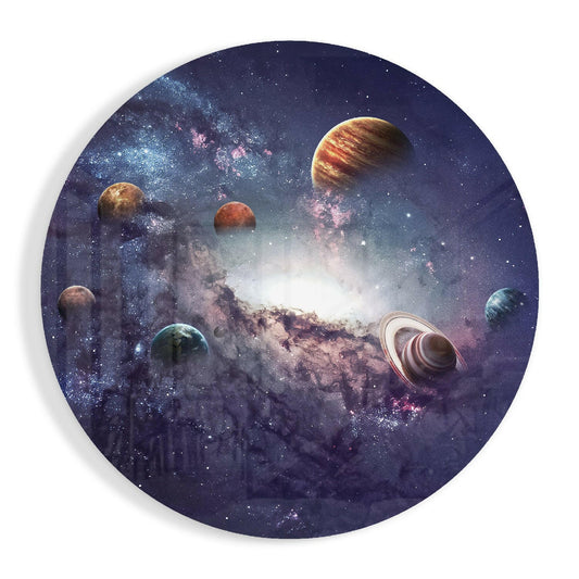 Round glass wall art displaying planets and nebula against starry space backdrop with central bright light source.