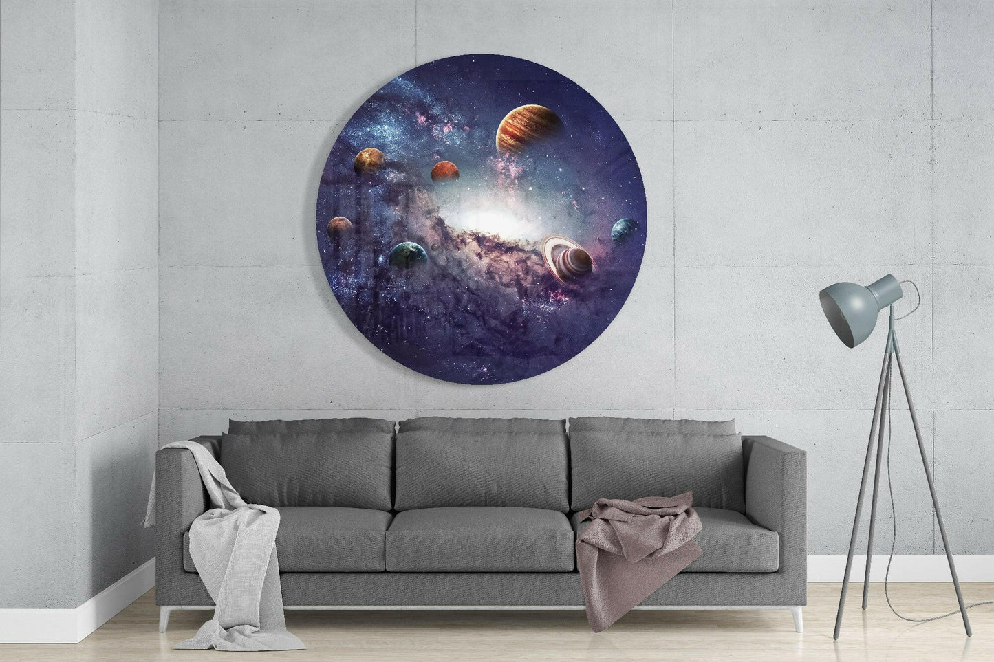 Round Solar System Planets Nebula Glass Wall Art
