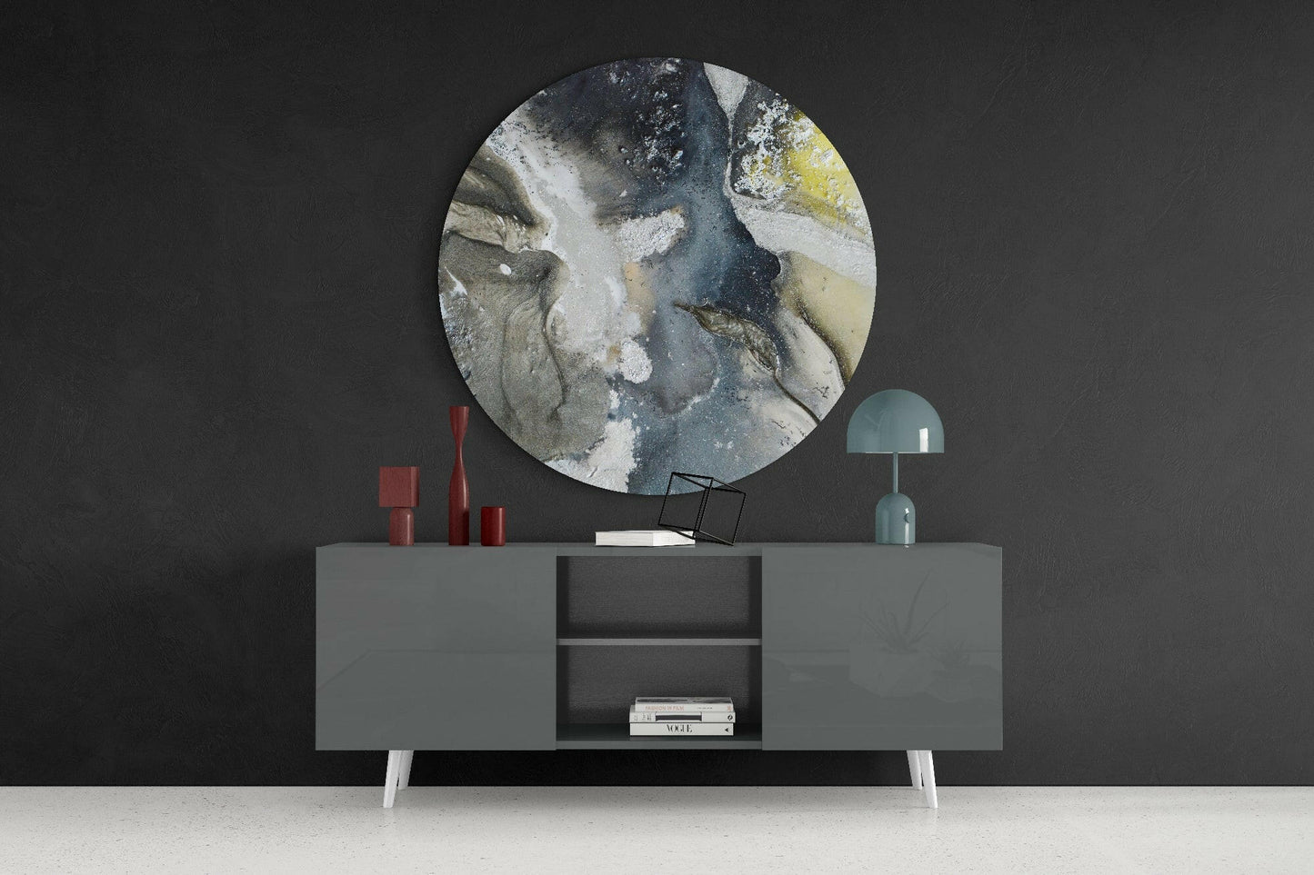 Round Slate Gray And Yellow Marble Glass Wall Art