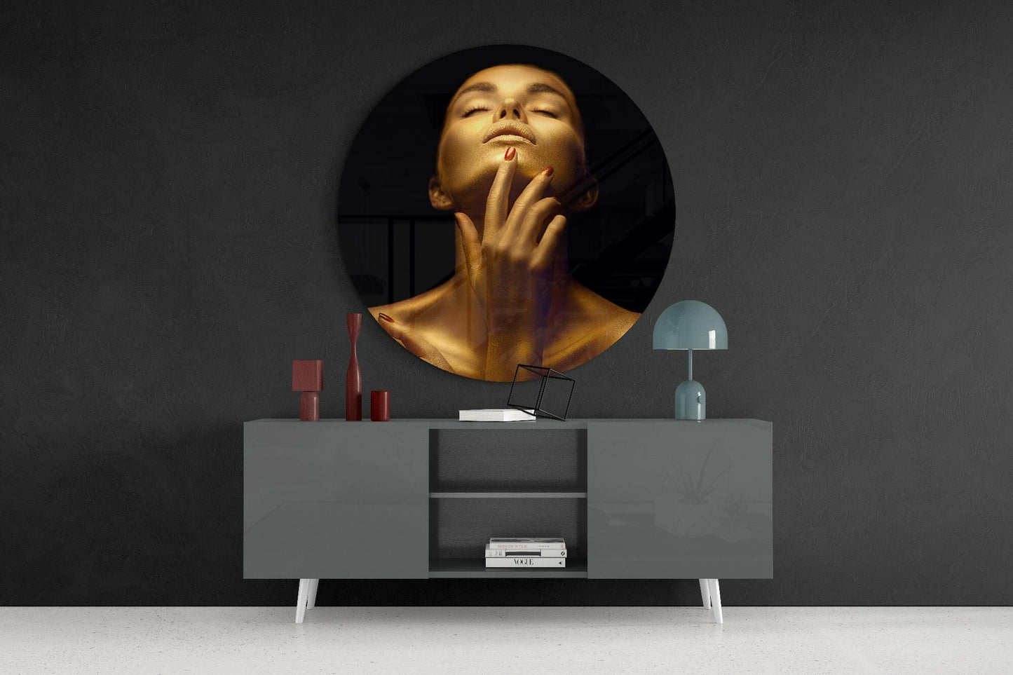Round Golden Serenity Woman Glass Wall Art