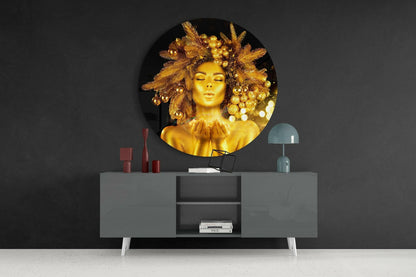 Round Gold Crown Woman Glass Wall Art