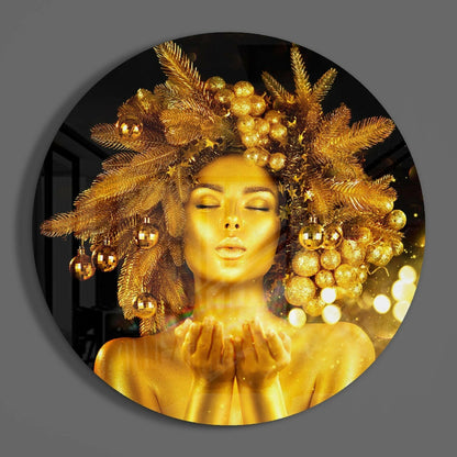 Round Gold Crown Woman Glass Wall Art