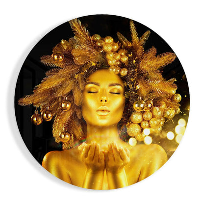Round Gold Crown Woman Glass Wall Art