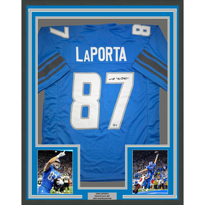 Framed Autographed/Signed Sam LaPorta 35x39 Detroit Blue Football Jersey Beckett BAS COA