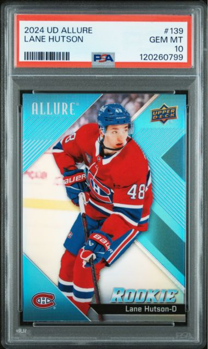 PSA-graded trading card in clear plastic case showing Lane Hutson in Montreal Canadiens red jersey, card number 139 with Allure and Rookie designations visible.