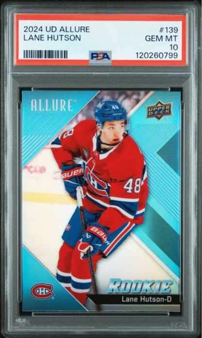 PSA-graded trading card in clear plastic case showing Lane Hutson in Montreal Canadiens red jersey, card number 139 with Allure and Rookie designations visible.