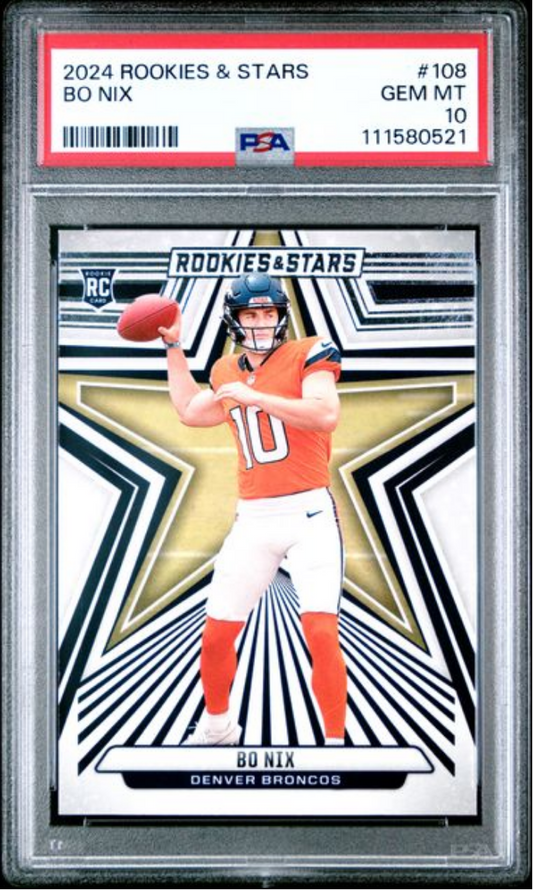 PSA-graded Bo Nix rookie card in plastic holder displaying quarterback in orange Denver Broncos uniform against striped gold and black background.