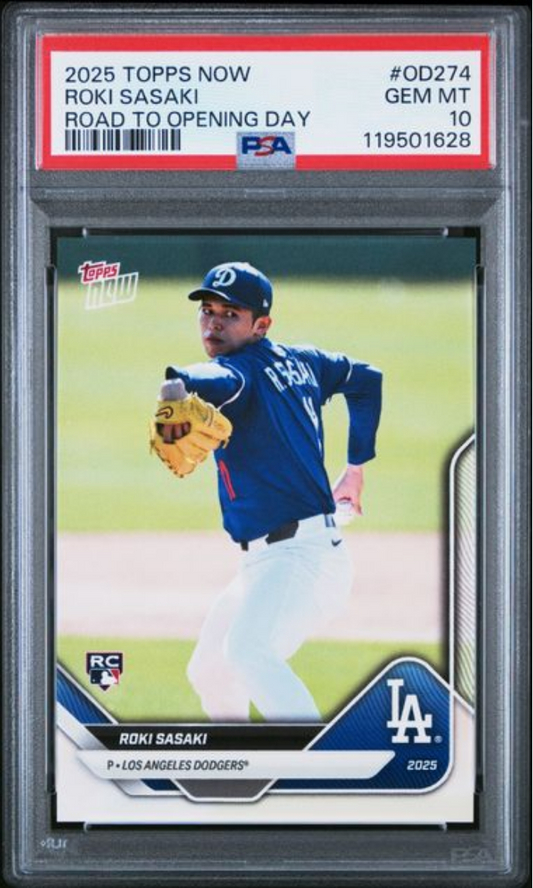 Front of graded baseball card showing Roki Sasaki in Los Angeles Dodgers blue uniform pitching, with PSA 10 label visible on gray holder.