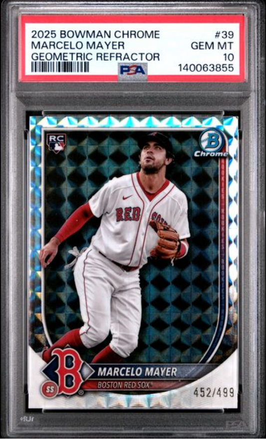 PSA-graded baseball card in clear plastic holder showing Marcelo Mayer in Red Sox uniform against geometric refractor background.