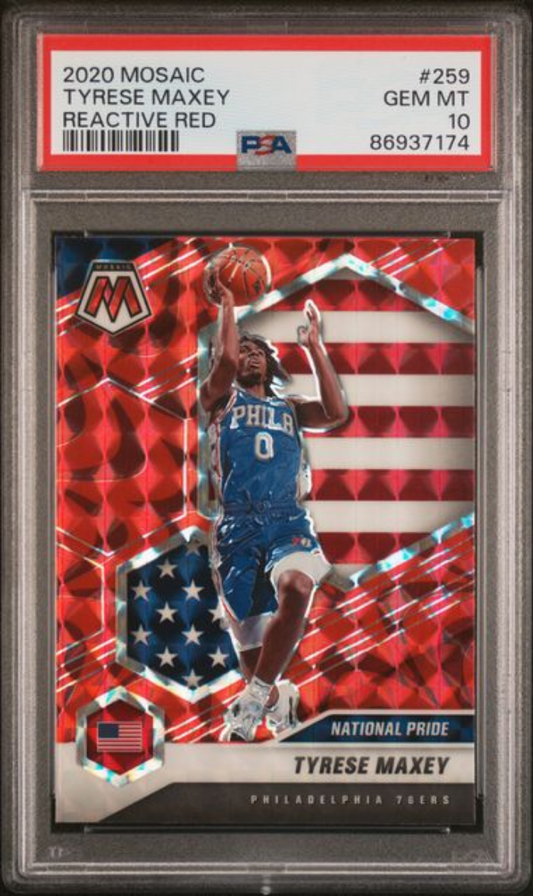 PSA-graded card in clear plastic holder showing Tyrese Maxey in Philadelphia 76ers uniform shooting basketball against red and white striped background with Mosaic logo.