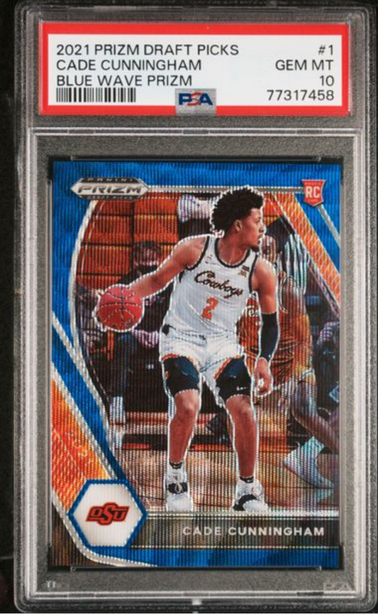PSA-graded 2021 Panini Prizm Cade Cunningham rookie card in clear plastic holder with red label showing GEM MT 10 rating.