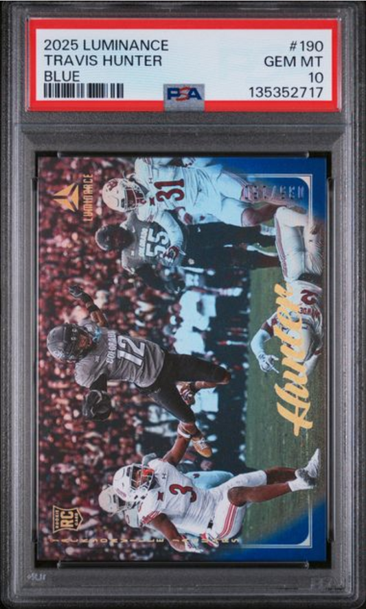 PSA-graded trading card in clear holder displaying Travis Hunter football card with red label showing grade 10 and card number 190.
