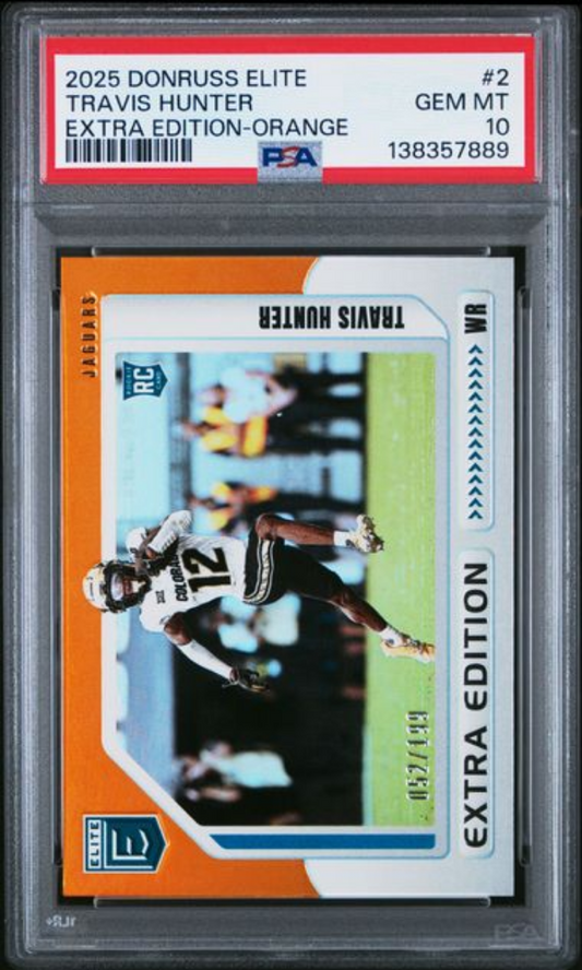 PSA-graded trading card in plastic case showing Travis Hunter rookie card with orange border and player action photo, front side view.