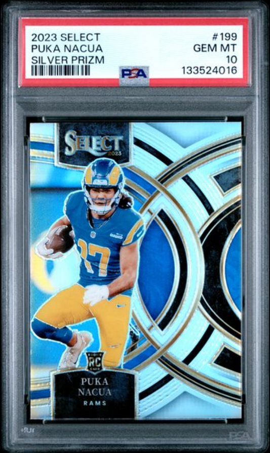 PSA-graded trading card in clear protective case showing Puka Nacua in blue and yellow Rams uniform against geometric background with grade label visible.