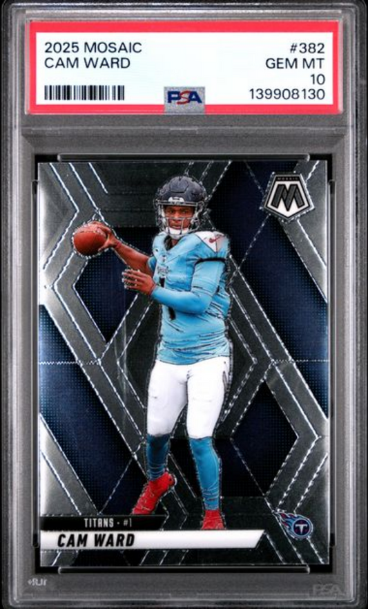 PSA-graded trading card in clear case showing Cam Ward in light blue Titans uniform holding football against dark geometric background.