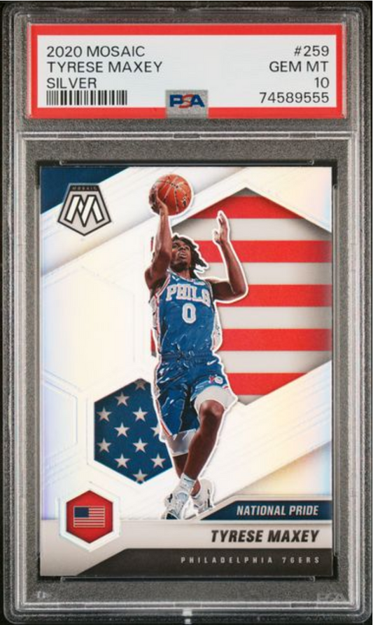 PSA-graded trading card in clear plastic case displaying Tyrese Maxey in Philadelphia 76ers blue jersey shooting basketball against red and white striped background.