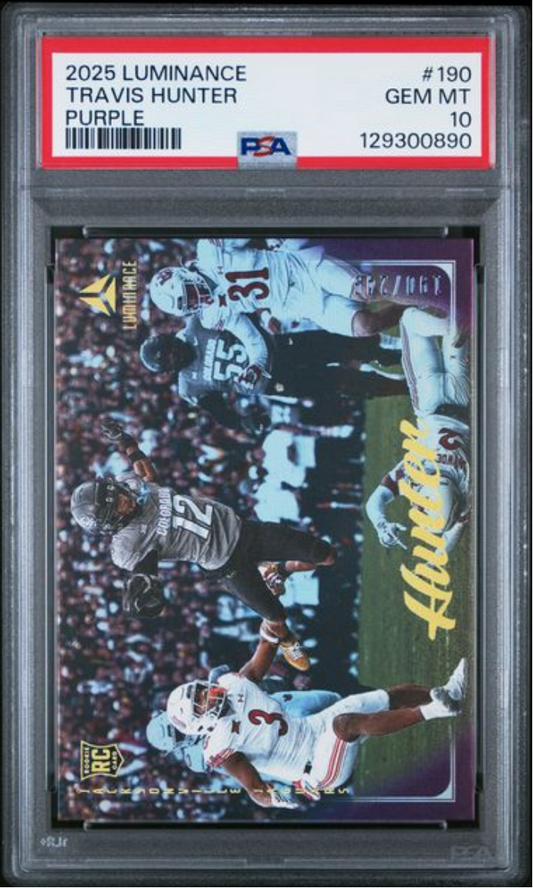 PSA-graded trading card in clear holder showing purple-bordered football card with player action photo and yellow "Luminance" text on black background.