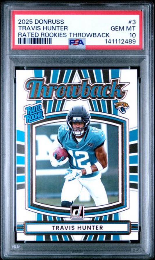 PSA-graded 2025 Donruss Travis Hunter rookie card in clear plastic case showing front design with blue striped border and player photo.