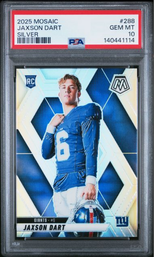 PSA-graded silver rookie card in clear case showing Jaxson Dart in blue Giants uniform number 6 holding helmet against geometric blue background.