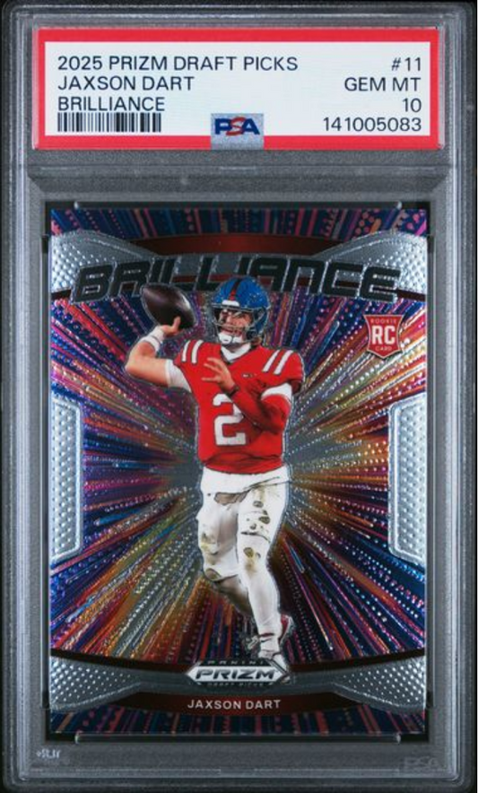 PSA-graded rookie card in plastic case displaying Jaxson Dart in red uniform against colorful radiating background design.