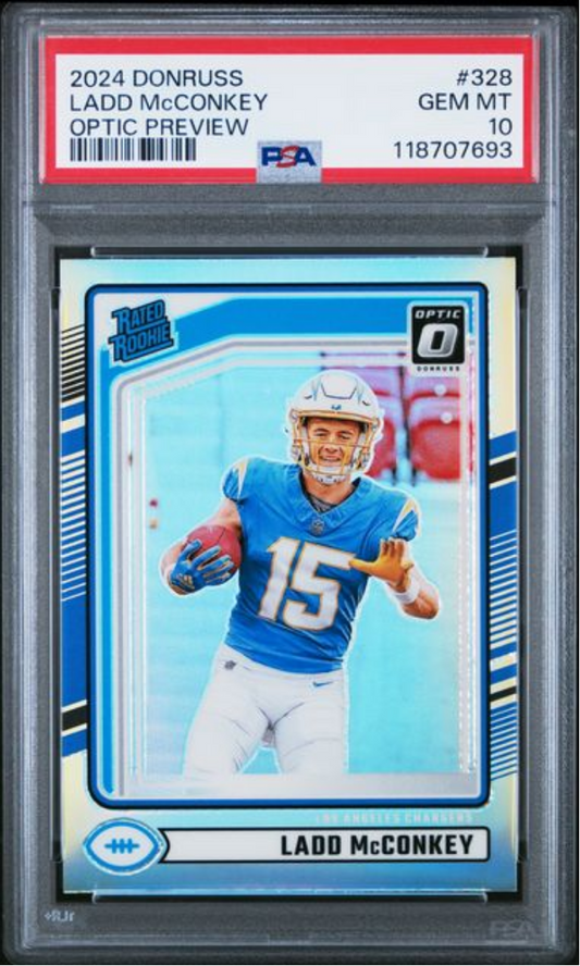 PSA-graded trading card in protective case showing Ladd McConkey in blue Chargers uniform, numbered 328, with red label and grade 10 visible.