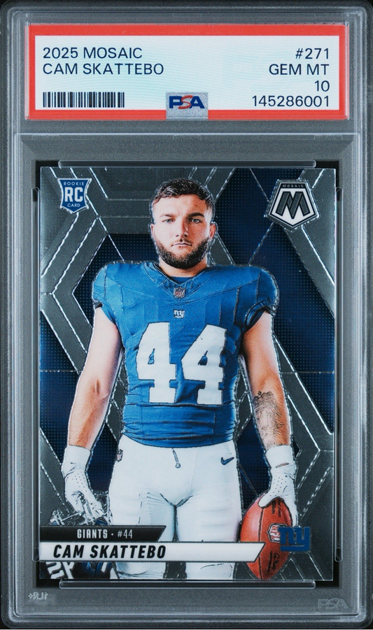 PSA-graded 2025 Mosaic Cam Skattebo rookie card showing player in Giants uniform number 44 within protective case.