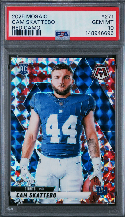 PSA-graded trading card displaying Cam Skattebo in Giants uniform against red, white, and blue geometric background pattern.
