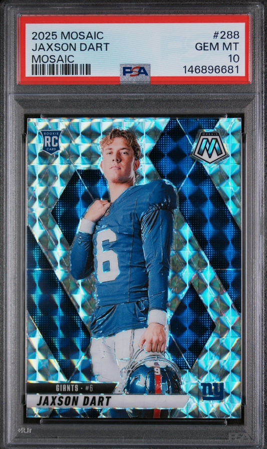 PSA-graded 2025 Mosaic rookie card #288 of Jaxson Dart in Giants uniform with blue diamond-pattern background and red grading label visible.