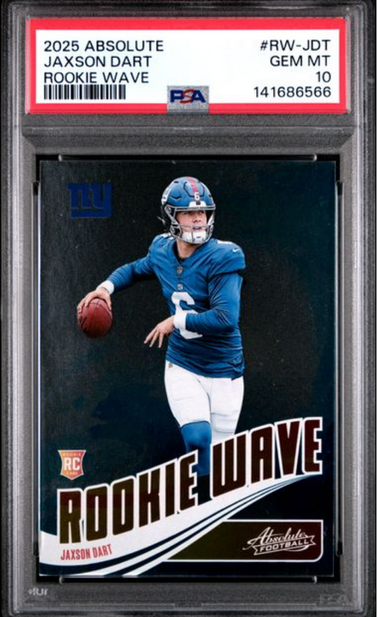 PSA-graded trading card in plastic case showing Jaxson Dart in New York Giants blue uniform throwing football, with red grading label visible at top.