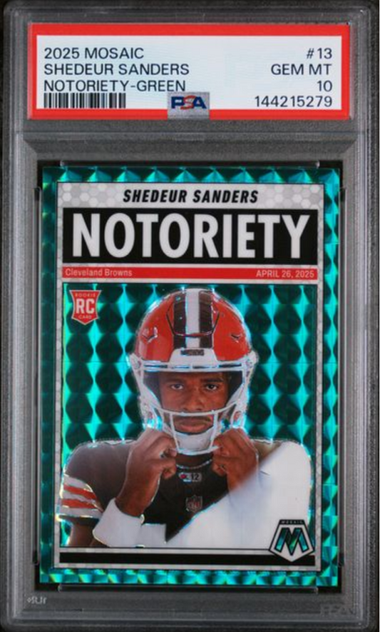 PSA-graded trading card in clear case showing Shedeur Sanders rookie card with green holographic background and red PSA label.