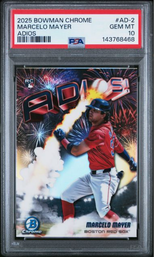 PSA-graded 2025 Bowman Chrome Marcelo Mayer rookie card in clear plastic slab showing player batting with red Sox uniform against colorful fireworks background.