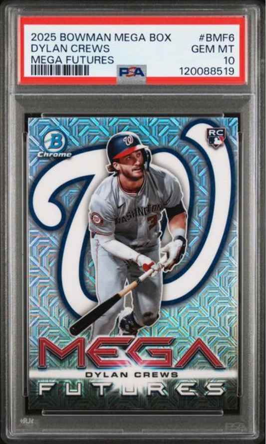PSA-graded 2025 Bowman Mega Futures Dylan Crews rookie card in clear case, front view showing player batting in Washington uniform.